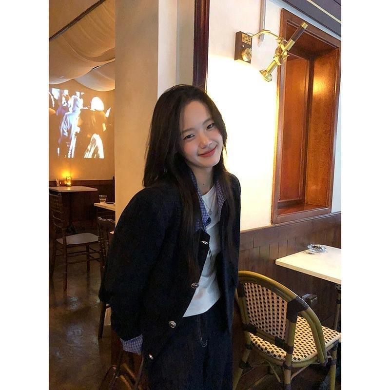 Mock Two-Piece Collared Plaid Panel Button-Up Tweed Crop Jacket