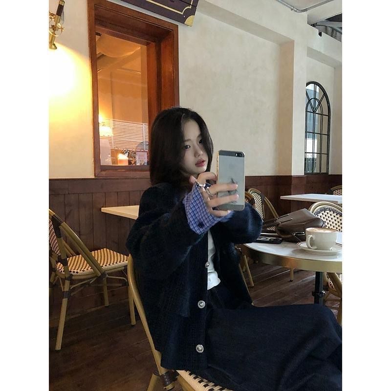 Mock Two-Piece Collared Plaid Panel Button-Up Tweed Crop Jacket