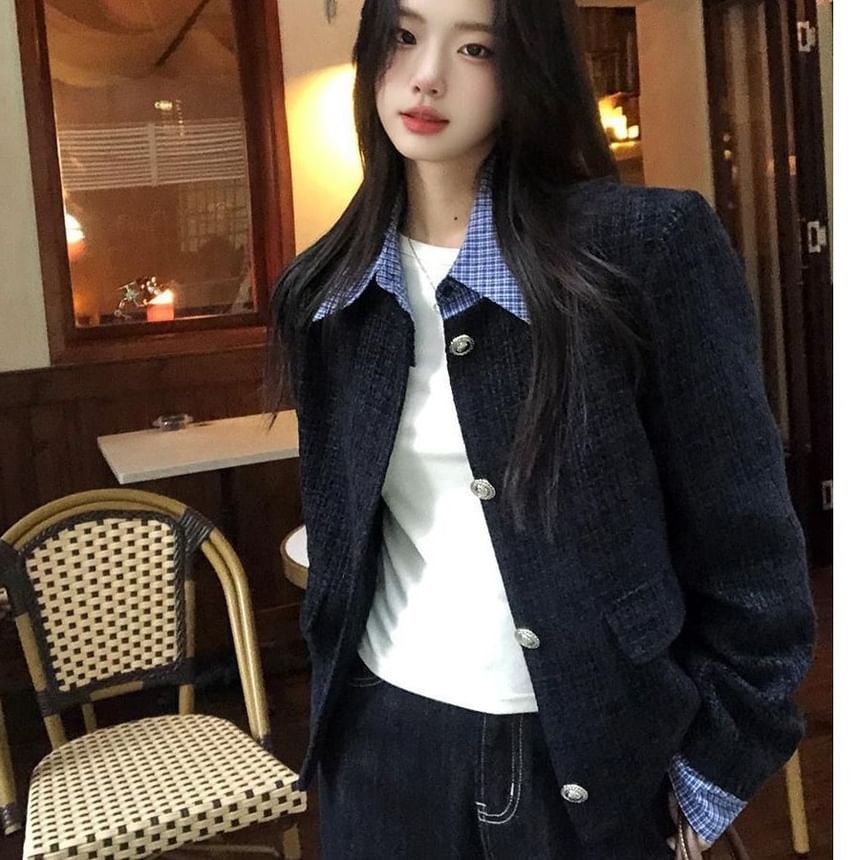 Mock Two-Piece Collared Plaid Panel Button-Up Tweed Crop Jacket
