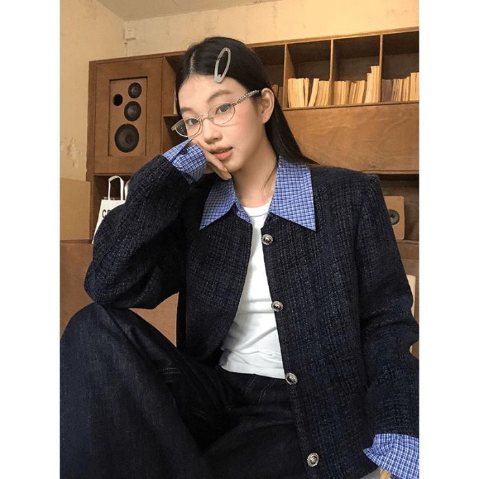 Mock Two-Piece Collared Plaid Panel Button-Up Tweed Crop Jacket