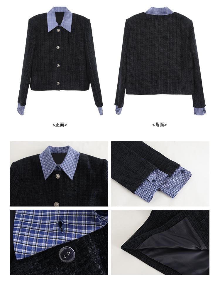 Mock Two-Piece Collared Plaid Panel Button-Up Tweed Crop Jacket