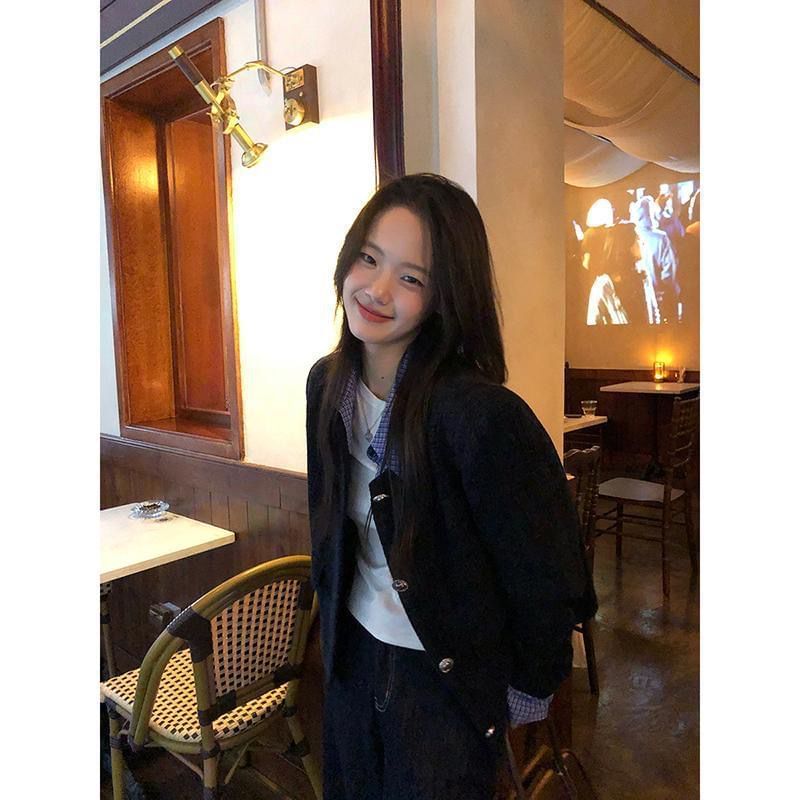 Mock Two-Piece Collared Plaid Panel Button-Up Tweed Crop Jacket