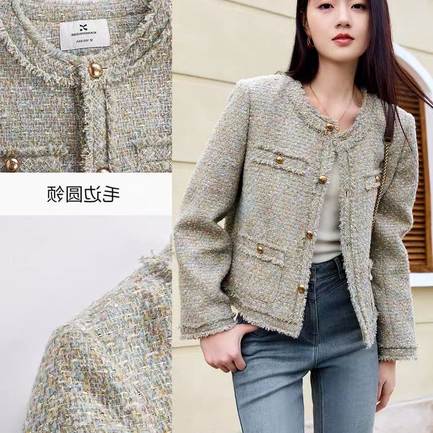 Crew Neck Frayed Button-Up Tweed Jacket