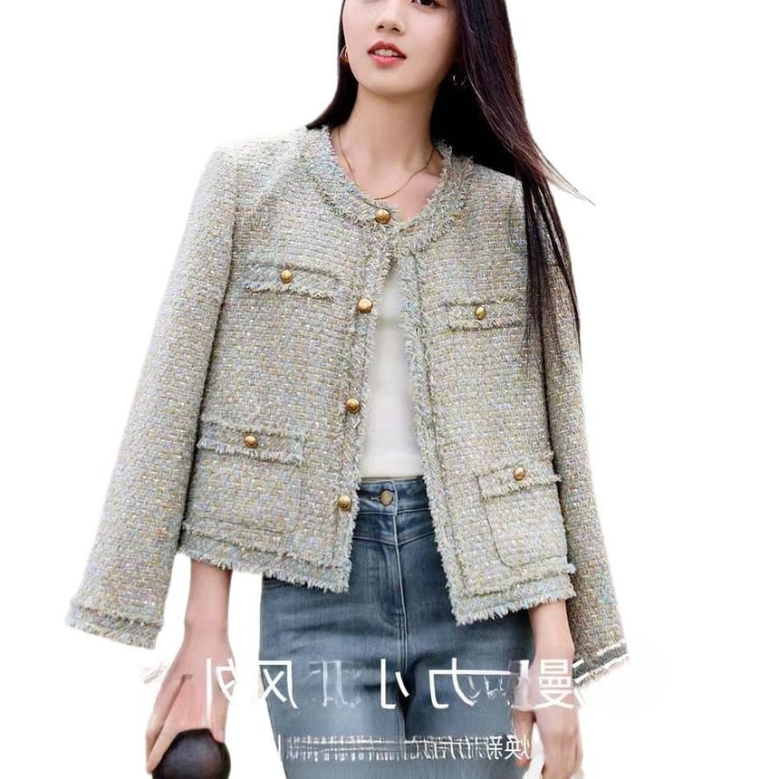 Crew Neck Frayed Button-Up Tweed Jacket
