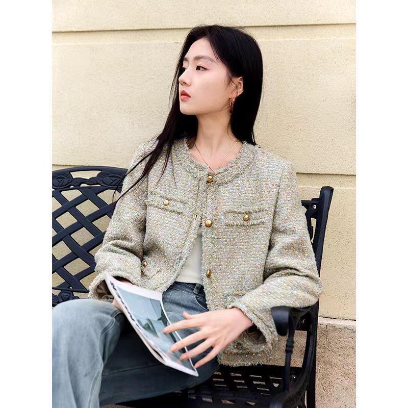 Crew Neck Frayed Button-Up Tweed Jacket