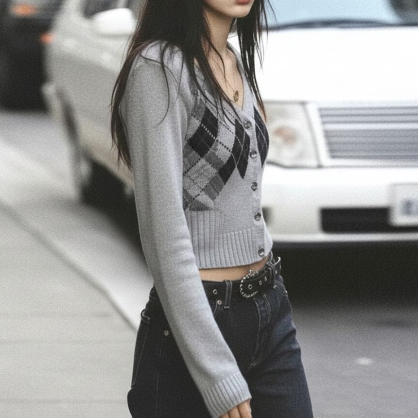 Argyle V-Neck Button Crop Knit Top Long Sleeve