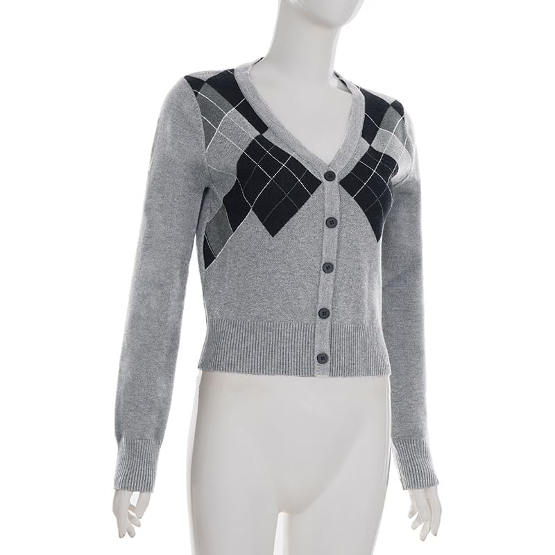 Argyle V-Neck Button Crop Knit Top Long Sleeve