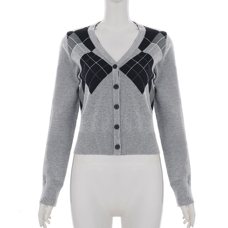 Argyle V-Neck Button Crop Knit Top Long Sleeve