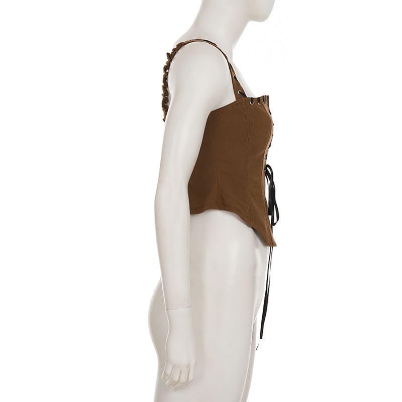 Grommet Lace-Up Crop Camisole Slim-Fit Top