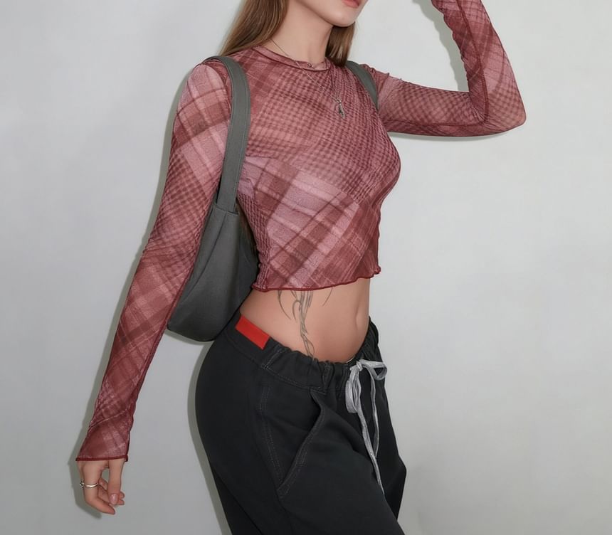 Plaid Mesh Crop Top with Round Neck and Long Sleeves