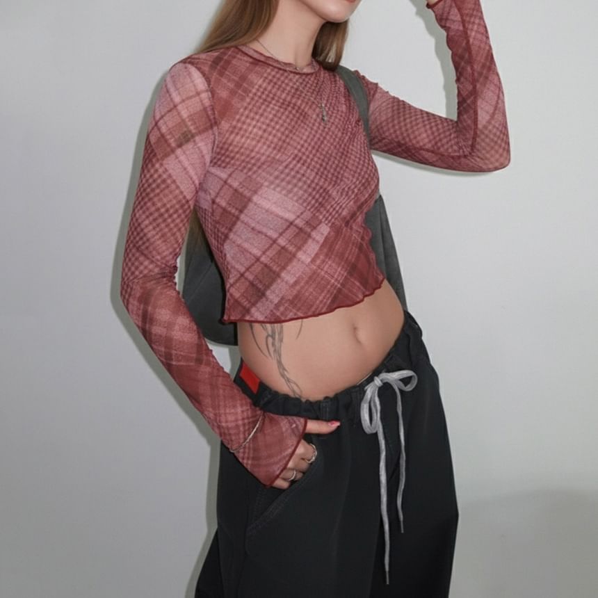 Plaid Mesh Crop Top with Round Neck and Long Sleeves