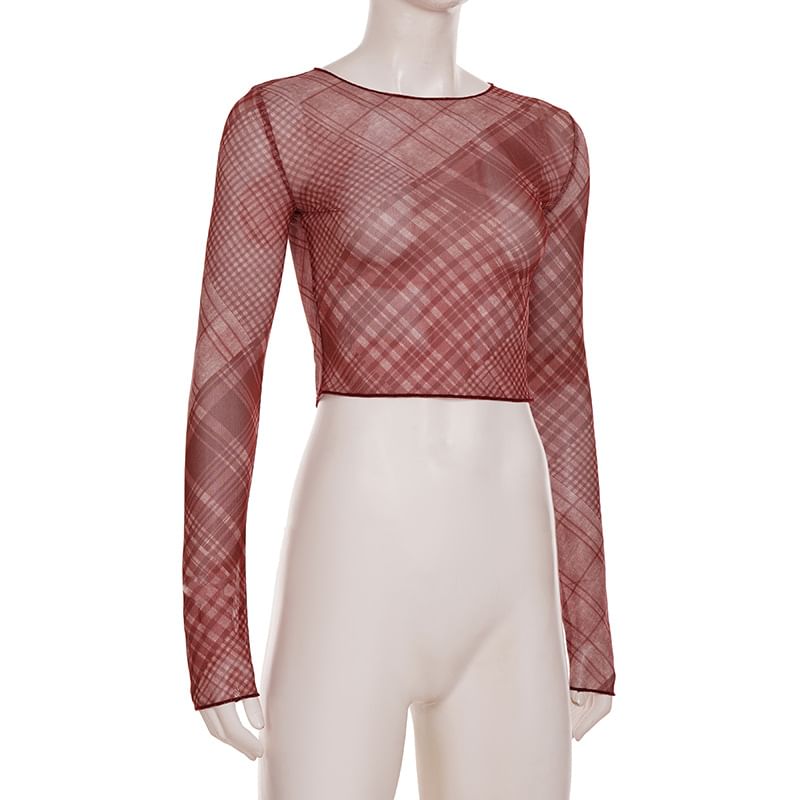 Plaid Mesh Crop Top with Round Neck and Long Sleeves