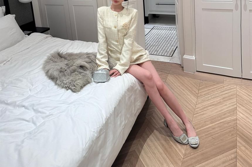 Set: Tweed Sequined Button-Up Jacket + High Rise Mini A-Line Skirt