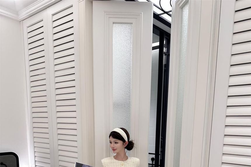 Set: Tweed Sequined Button-Up Jacket + High Rise Mini A-Line Skirt