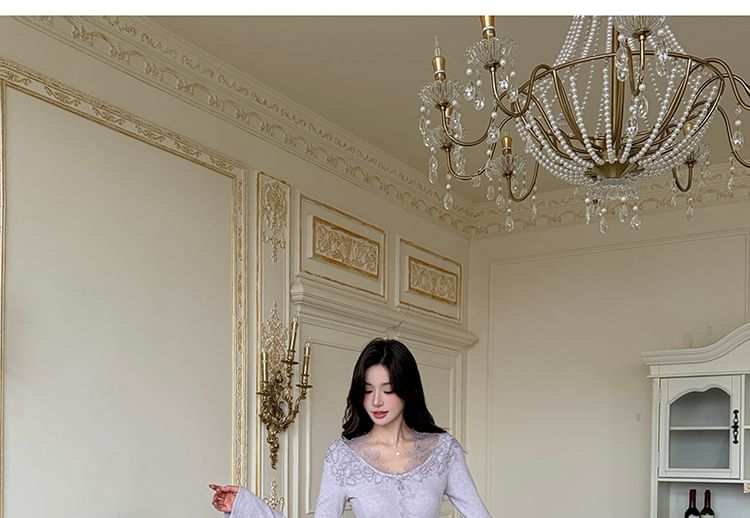 Long Sleeve V-Neck Plain Panel Lace Maxi A-Line Dress