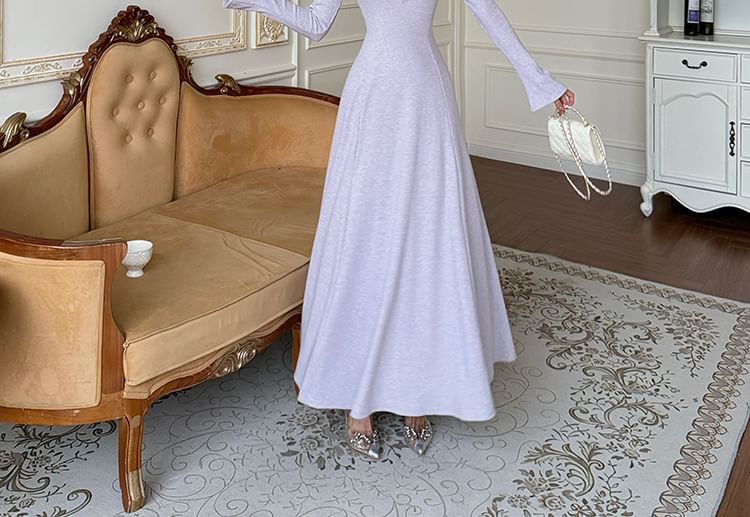 Long Sleeve V-Neck Plain Panel Lace Maxi A-Line Dress