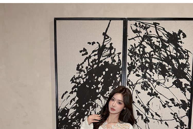 Long Sleeve V-Neck Plain Panel Lace Maxi A-Line Dress
