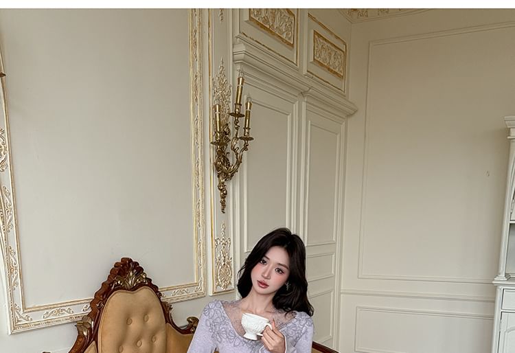 Long Sleeve V-Neck Plain Panel Lace Maxi A-Line Dress