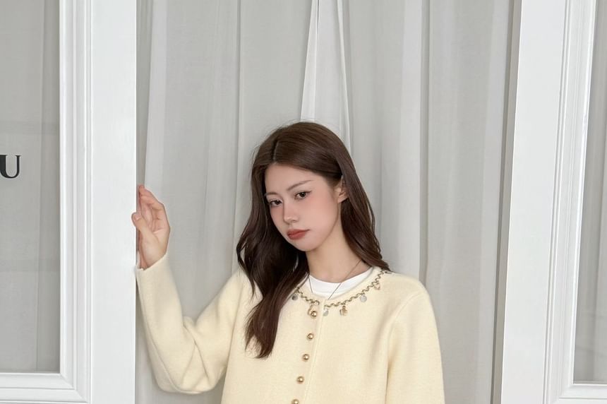 Round Neck Contrast Trim Button Up Wool Jacket