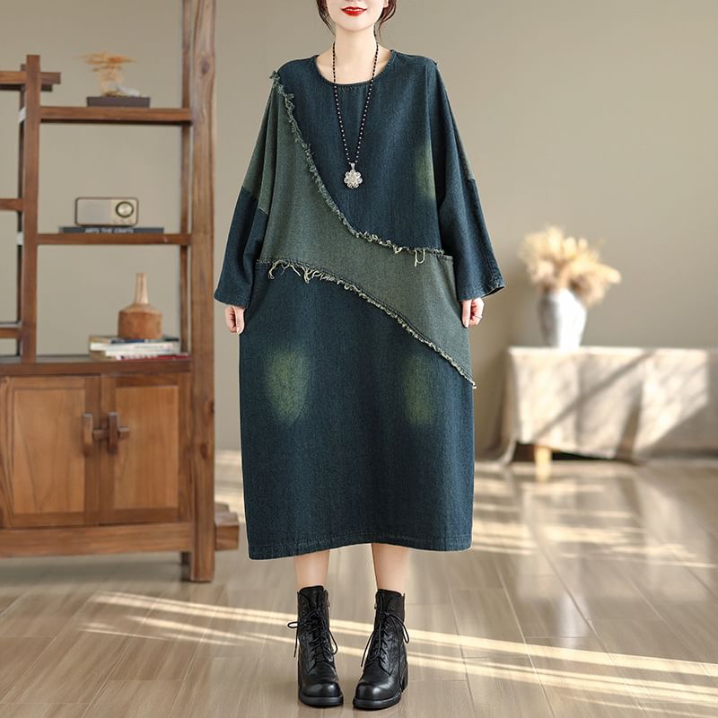 Frayed Denim Midi Tunic Dress with Contrasting Long Sleeves