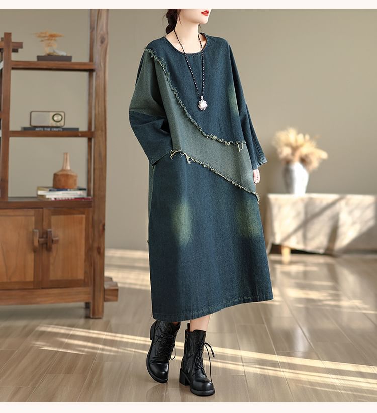 Frayed Denim Midi Tunic Dress with Contrasting Long Sleeves