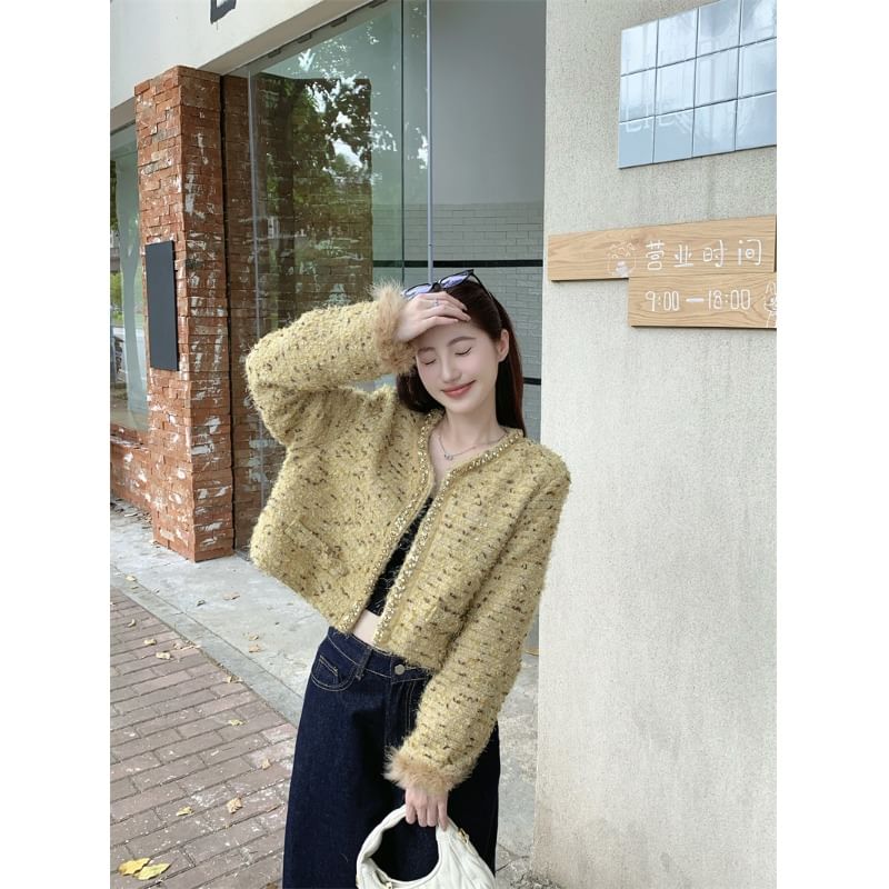 Round Neck Button Up Tweed Jacket