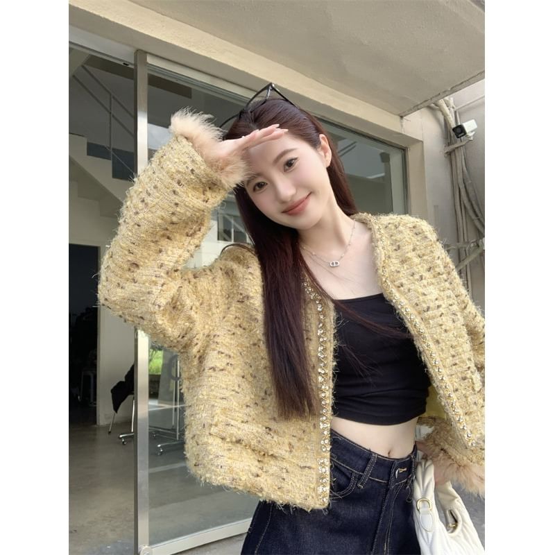 Round Neck Button Up Tweed Jacket