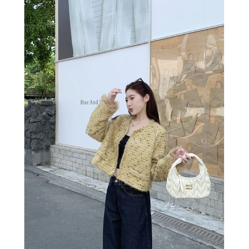 Round Neck Button Up Tweed Jacket