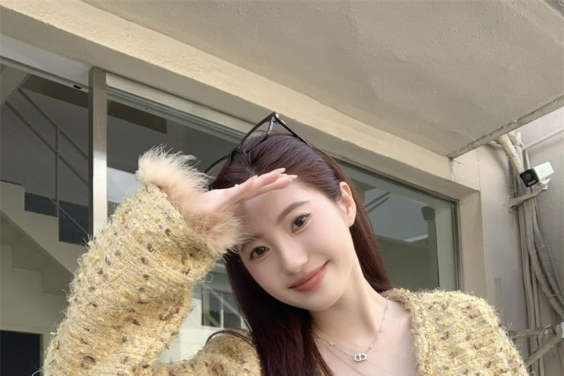 Round Neck Button Up Tweed Jacket