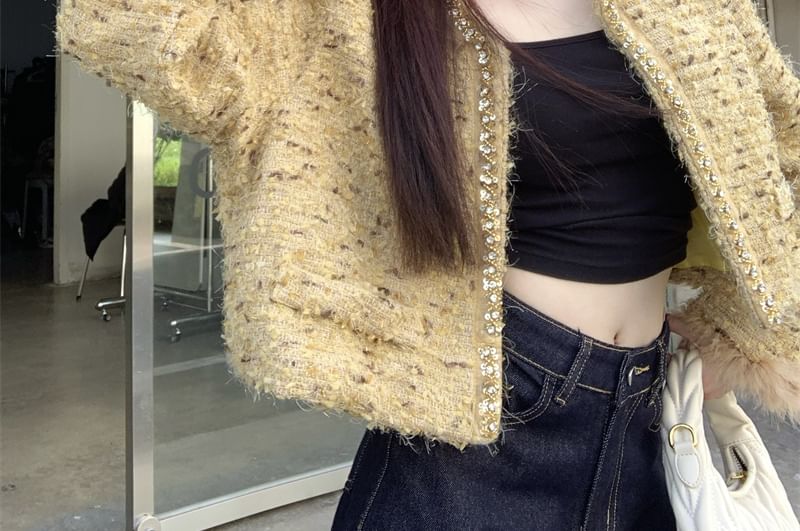 Round Neck Button Up Tweed Jacket