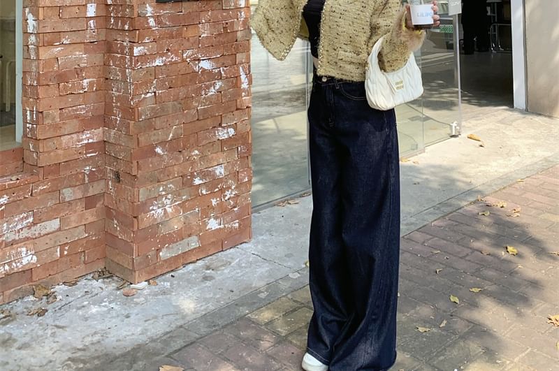 Round Neck Button Up Tweed Jacket