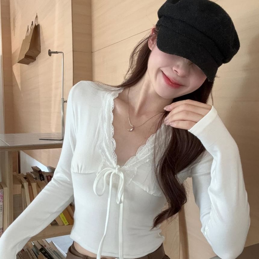 Lace-Trim Tie-Front V-Neck Fitted Long-Sleeve Top