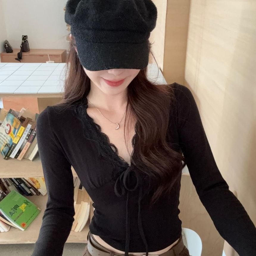 Lace-Trim Tie-Front V-Neck Fitted Long-Sleeve Top