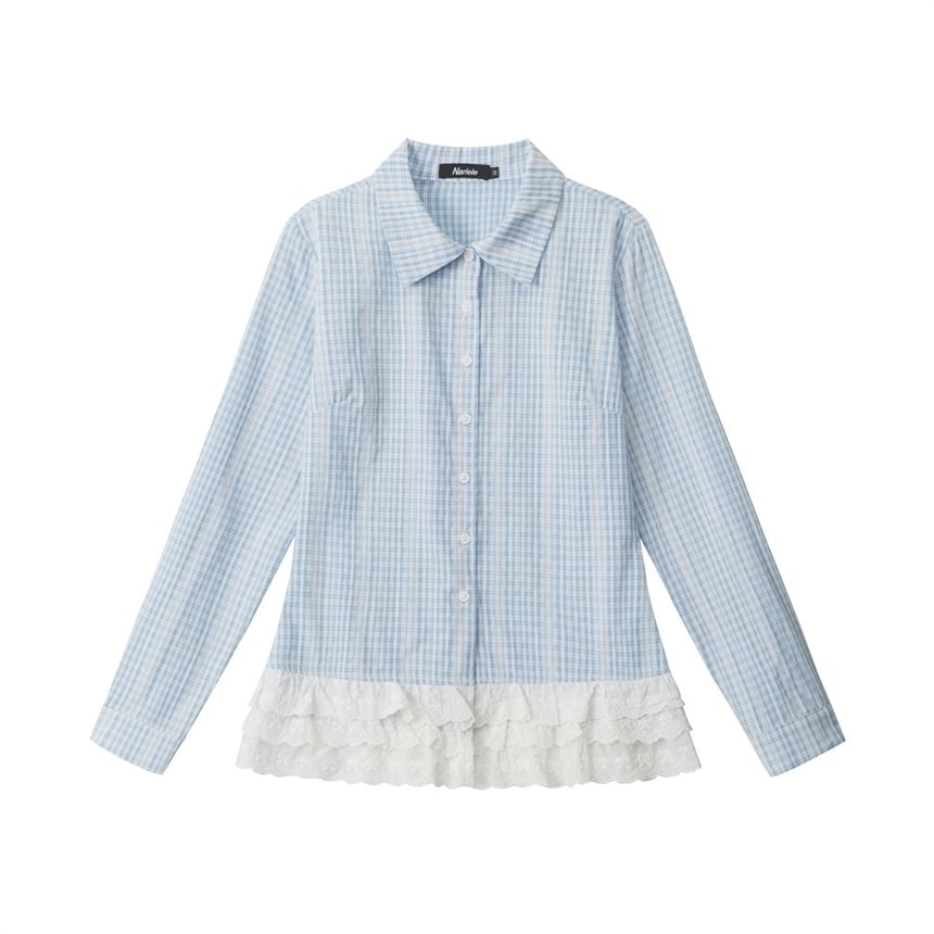 Plaid Lace-Trimmed Slim Shirt with Collar and Long Sleeves