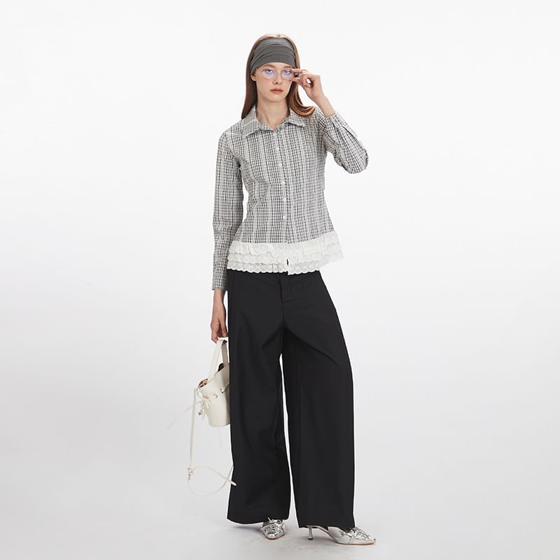Plaid Lace-Trimmed Slim Shirt with Collar and Long Sleeves
