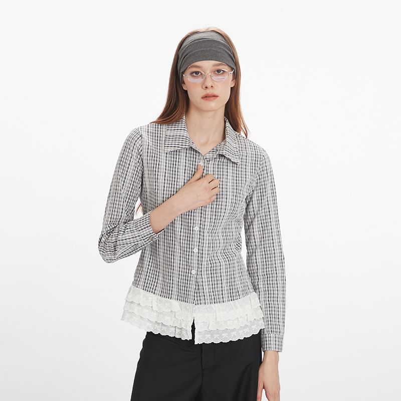 Plaid Lace-Trimmed Slim Shirt with Collar and Long Sleeves