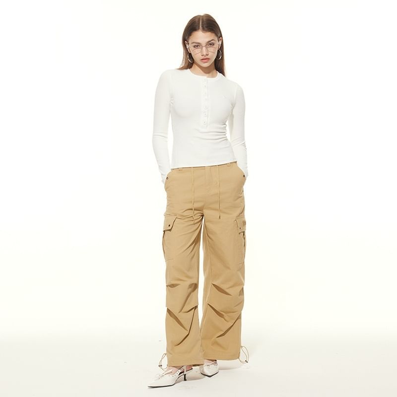 Henley Neck Fitted Long-Sleeve Top