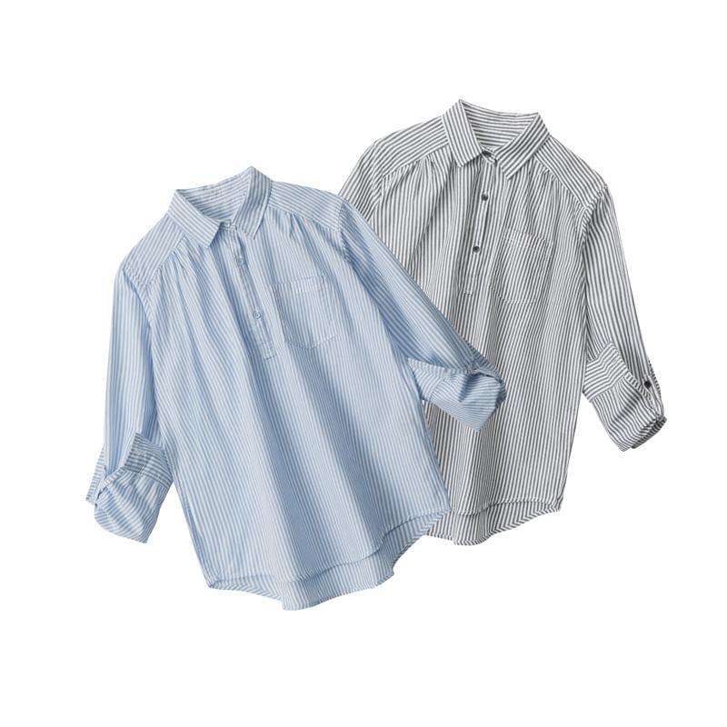 Striped Collared V-Neck Fitted Long-Sleeve Shirt