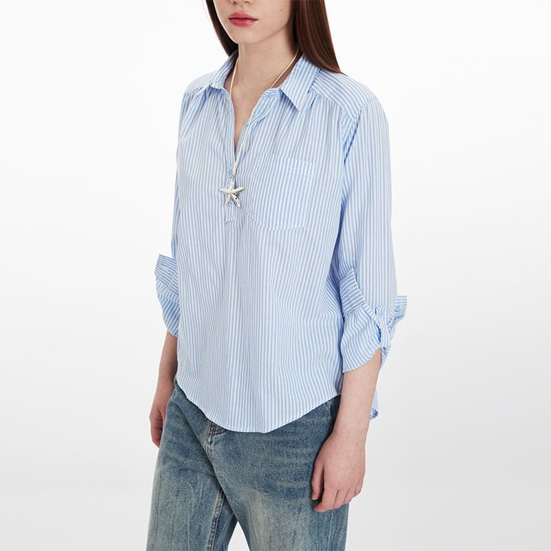Striped Collared V-Neck Fitted Long-Sleeve Shirt