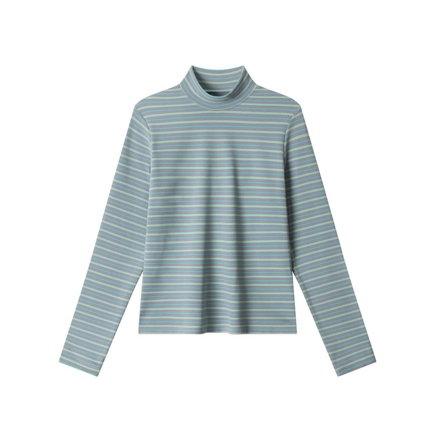Striped Mock Neck Fitted Long-Sleeve Tee