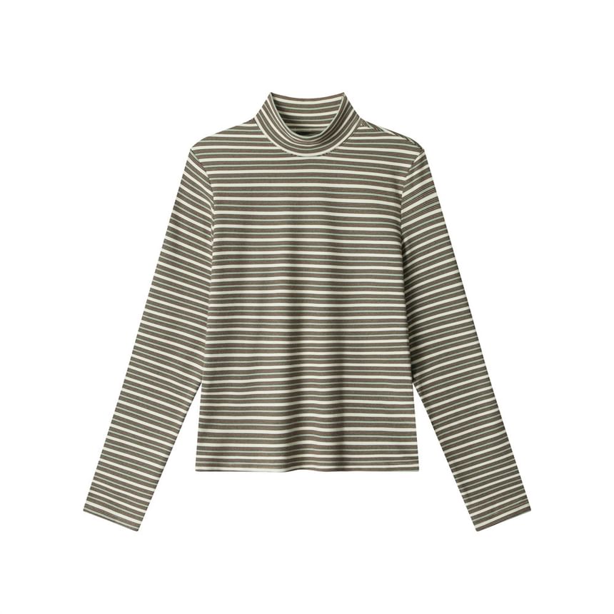 Striped Mock Neck Fitted Long-Sleeve Tee