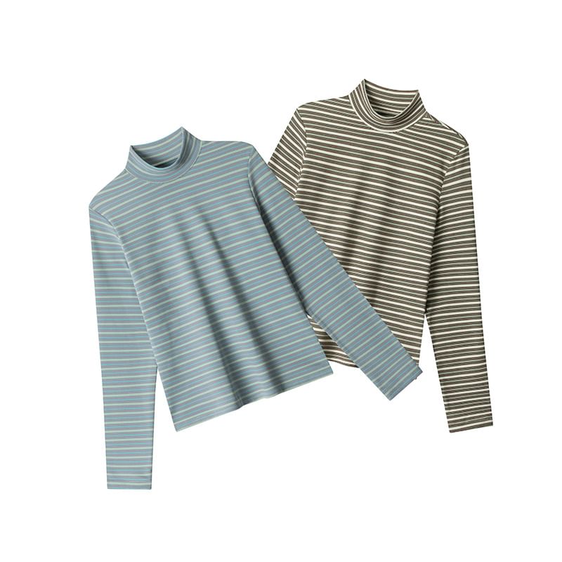 Striped Mock Neck Fitted Long-Sleeve Tee