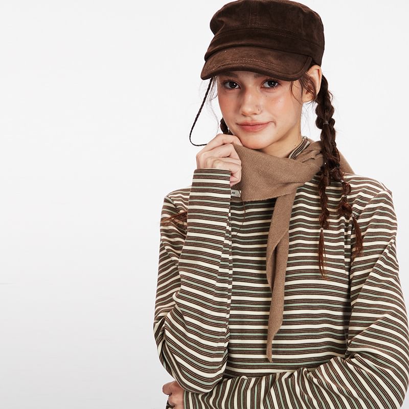 Striped Mock Neck Fitted Long-Sleeve Tee