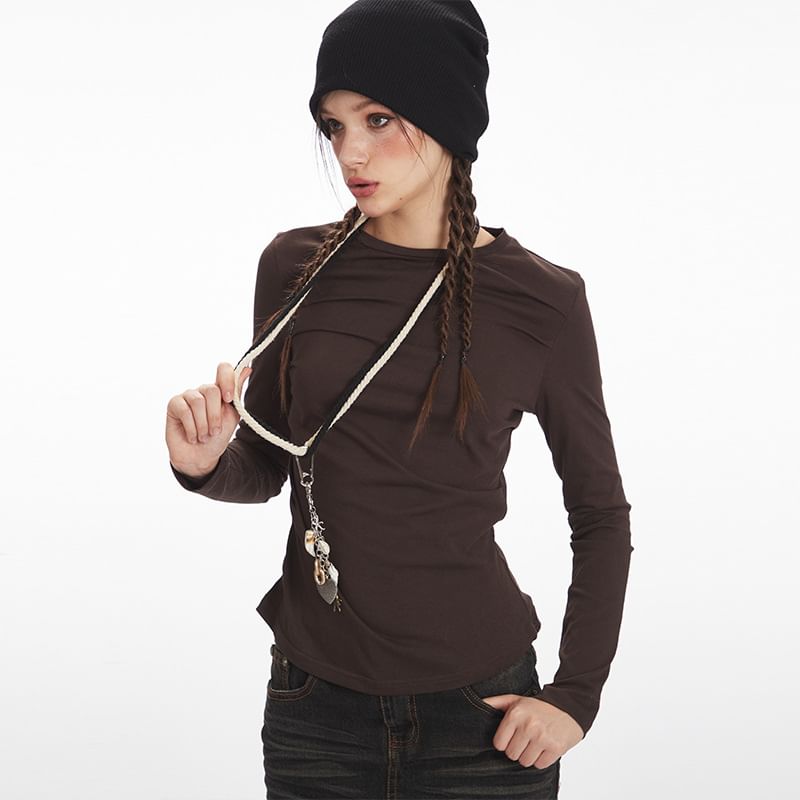 Crew Neck Ruched Fitted Long-Sleeve Tee