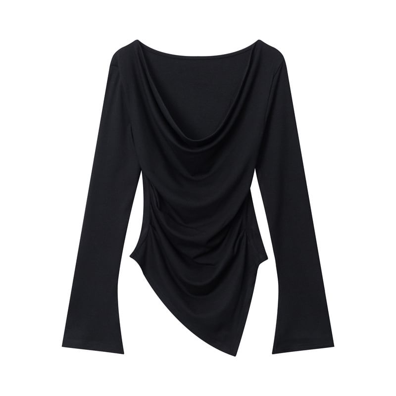 Asymmetric Hem Off-Shoulder Fitted Long-Sleeve Top