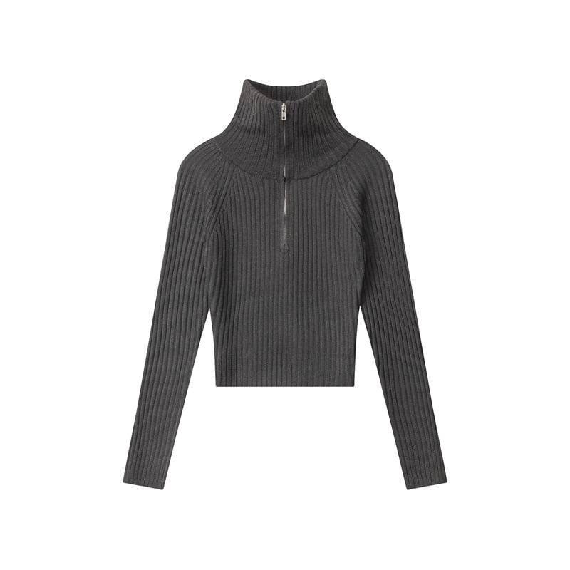 Half-Zip Ribbed Knit Fitted Long-Sleeve Top