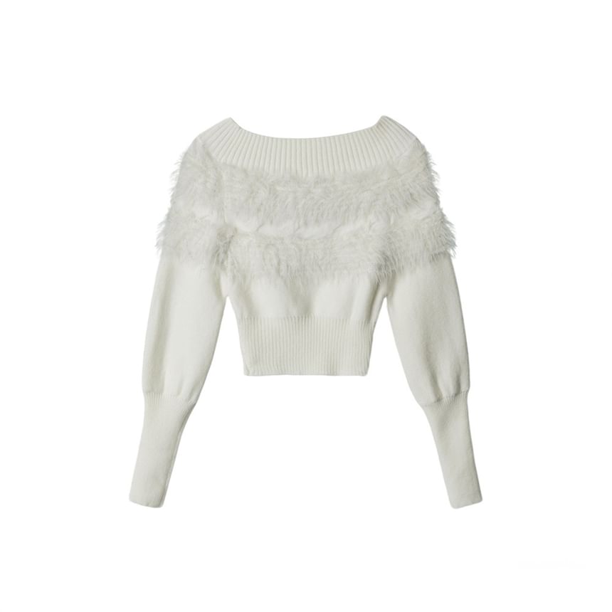 Faux Fur Panel Fitted Long-Sleeve Sweater