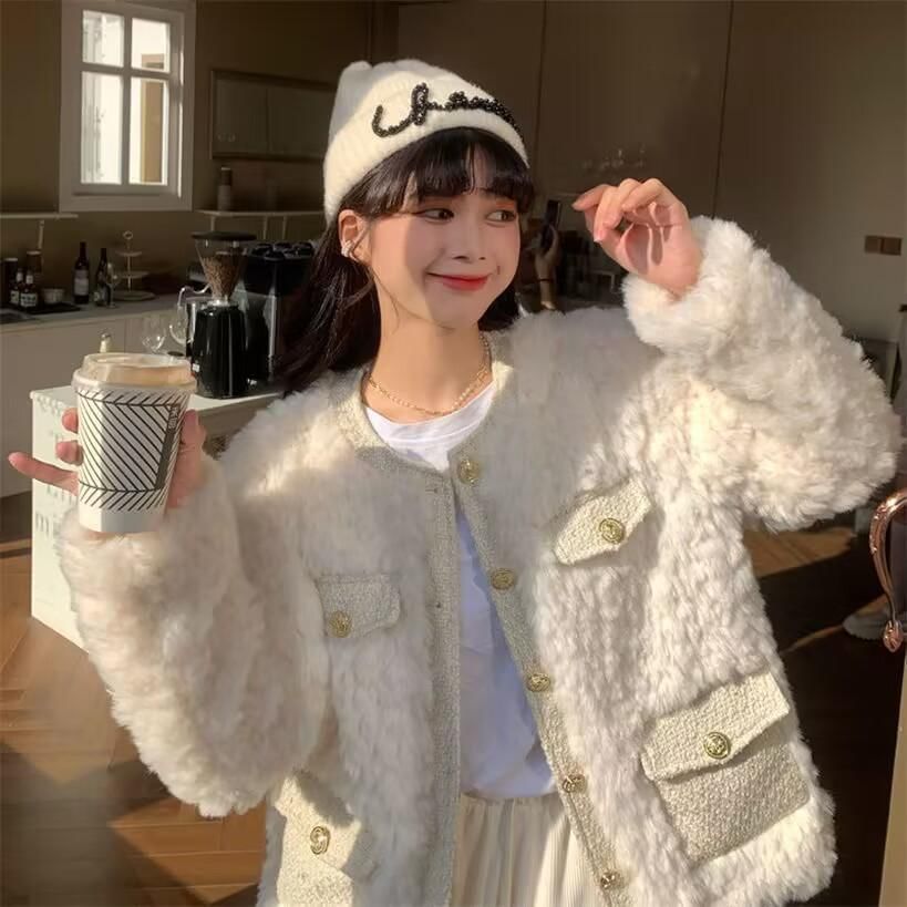 Crew Neck Tweed Panel Fluffy Button-Up Jacket