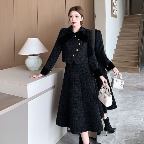 Set: Collared Asymmetrical Bow Accent Button-Up Tweed Crop Jacket + High Waist Midi A-Line Skirt