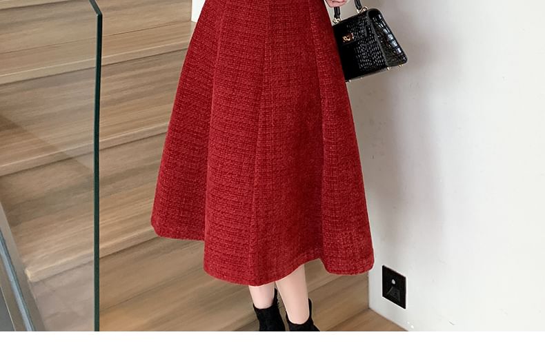 Set: Collared Asymmetrical Bow Accent Button-Up Tweed Crop Jacket + High Waist Midi A-Line Skirt